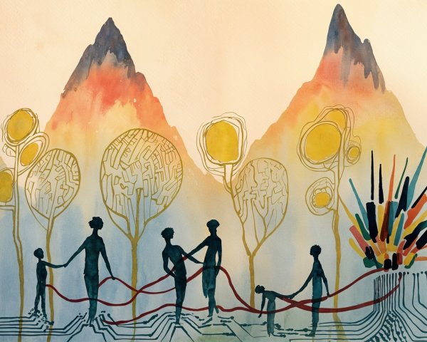 Serene Landscape with Colorful Mountains and Unity Symbols