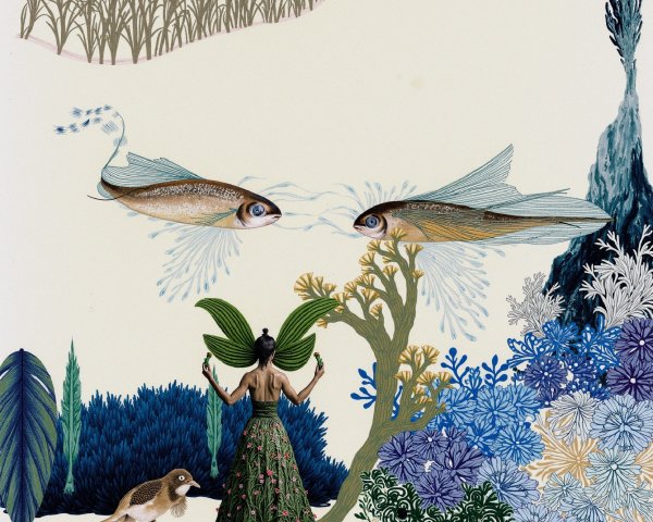 Surreal Artwork of Woman with Fish and Vibrant Plants