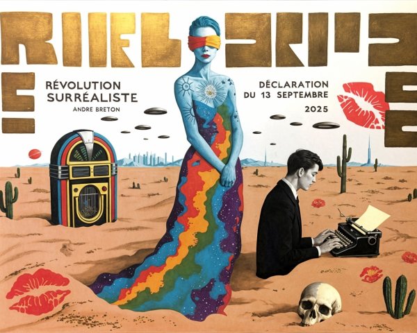 Surreal Landscape with Woman in Rainbow Gown and Jukebox