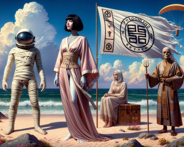 Four Stylized Figures on a Beach Under Blue Sky