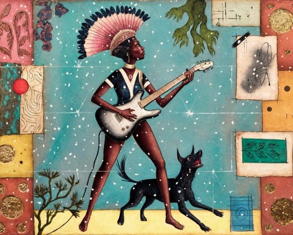 Vibrant Artwork of Woman with Feather Headdress and Guitar