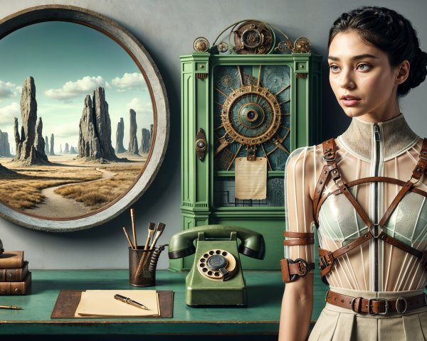 Woman in Retro-Themed Setup with Surreal Landscape