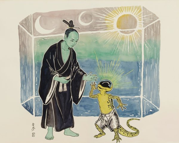 Whimsical Japanese Attire with Humanoid Reptilian Creature