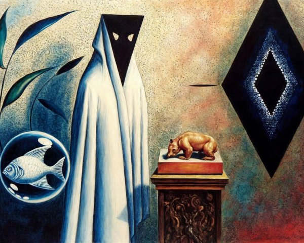 Mysterious White Figure with Fish and Bear Statue