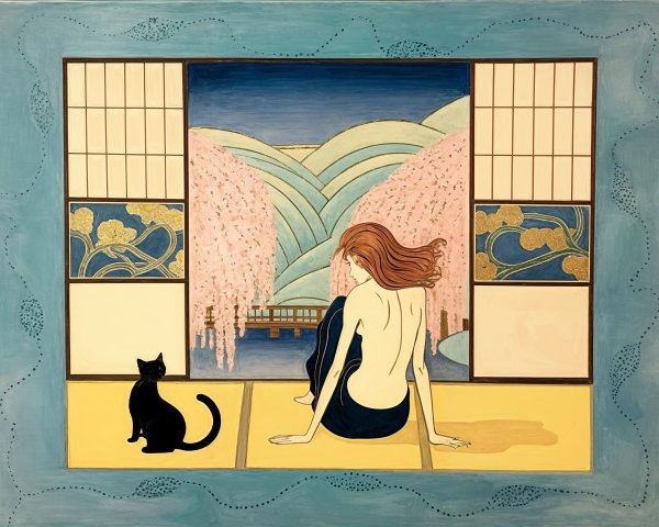Serene Scene of Woman by Window with Cherry Blossoms