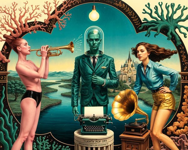 Surreal Artwork with Women, Vintage Gramophone, and Dome