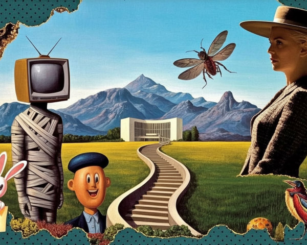 Surreal Collage with Whimsical Characters and Landscape