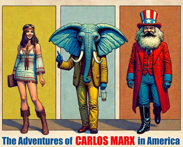 Whimsical Illustration of Carlos Marx's American Adventures
