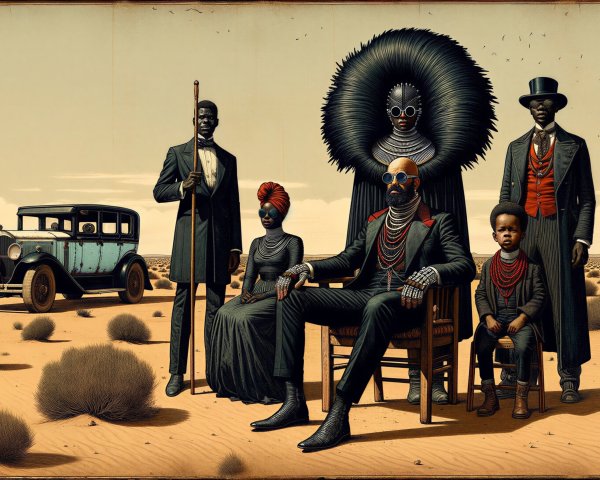 Elegant Figures in Gothic Vintage Desert Landscape