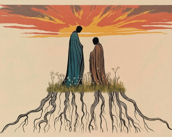 Figures in Cloaks Amidst Wildflowers and Sunset