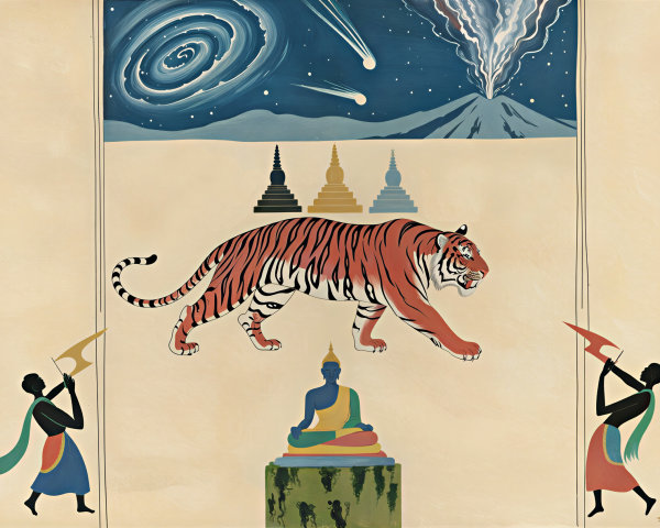 Tiger in Cosmic Landscape with Buddha and Stupas