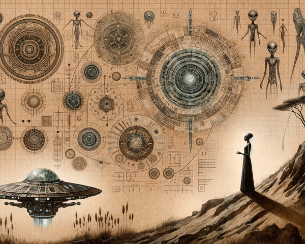 Alien Landscape with Futuristic Spacecraft and Figures
