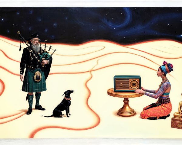 Surreal Scene of Bagpiper, Woman, and Buddha Statue