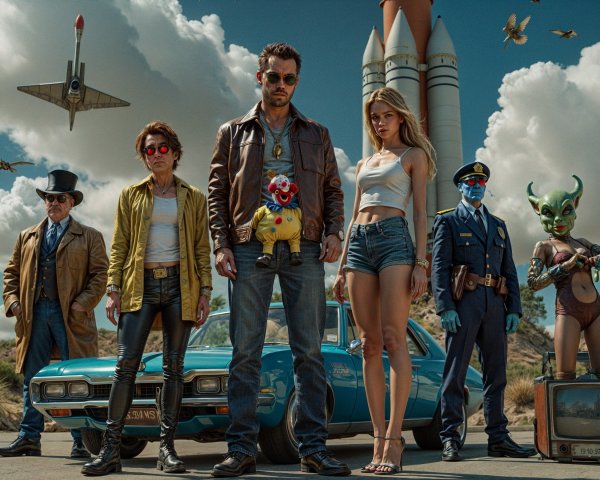 Quirky Characters in Desert with Vintage Blue Car