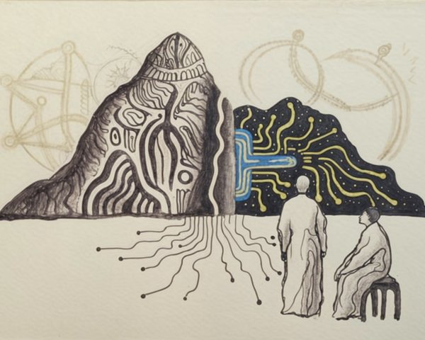 Figures Observing a Patterned Mountain and Cosmos
