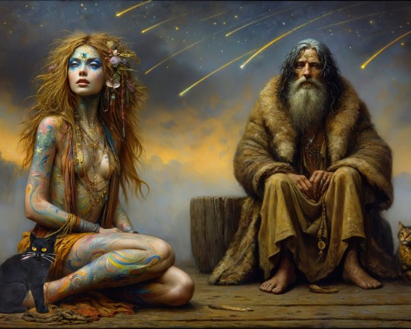 Detailed Digital Painting of Spiritual Figures and Cat