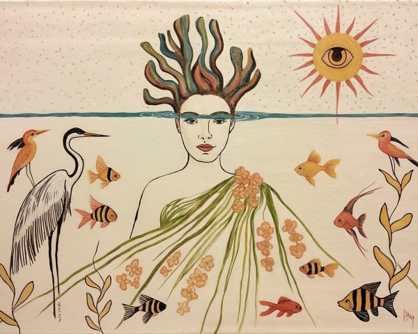 Surreal Aquatic Scene with Woman and Nature Elements