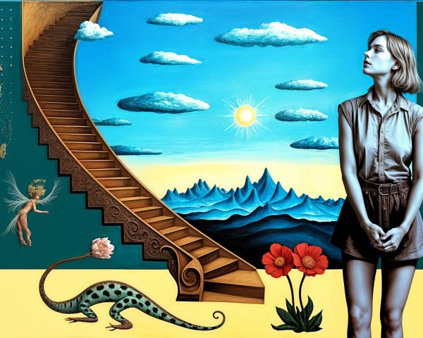 Surreal Artwork with Staircase and Fantasy Elements