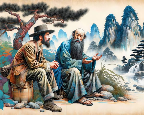 Men Sitting with Colorful Plants and Waterfall Scene