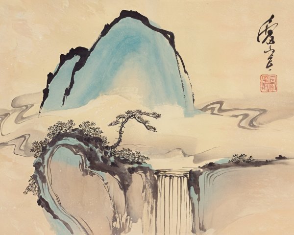 Serene Landscape with Mountains and Waterfall Details