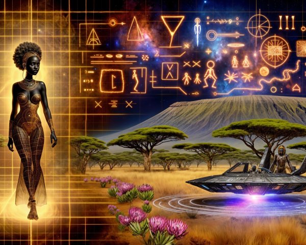 Futuristic Figure in Nature-Technology Landscape