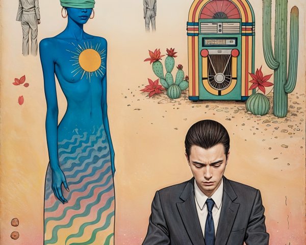 Surreal Desert Scene with Blindfolded Figure and Typewriter