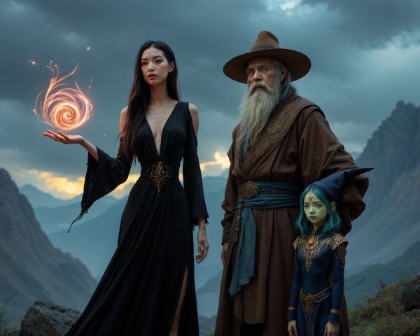 Mystical Landscape with Enchanting Characters at Dusk