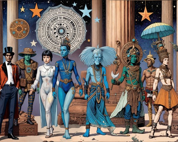 Fantastical Characters Under Greek Columns at Night