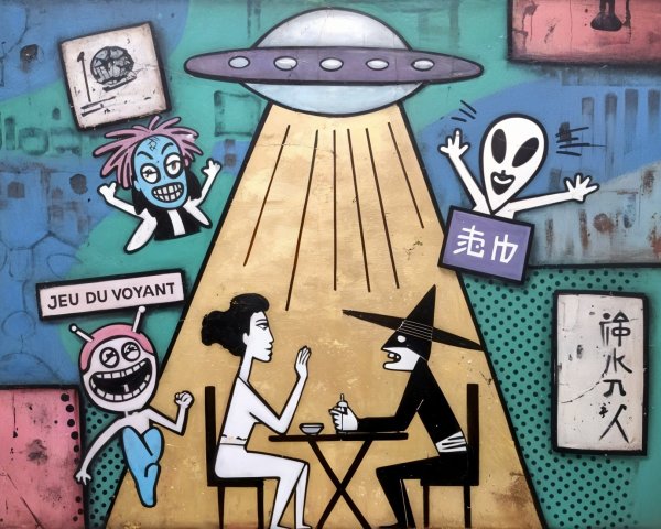 Whimsical Scene with UFO, Characters, and Colorful Backdrop