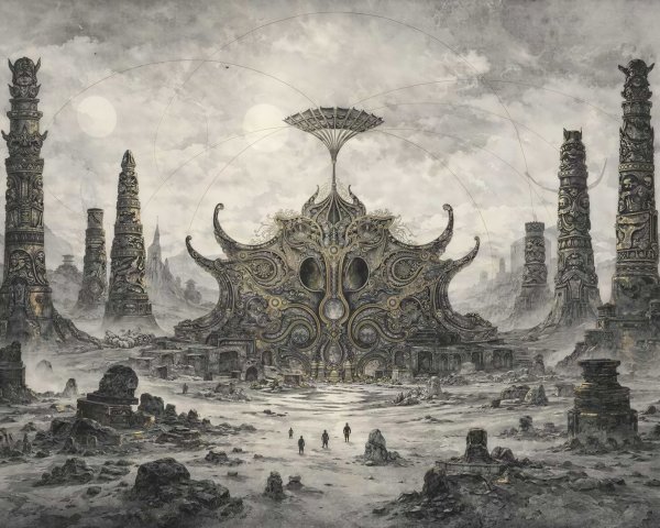 Detailed Pencil Engraving of a Fantasy Temple Landscape
