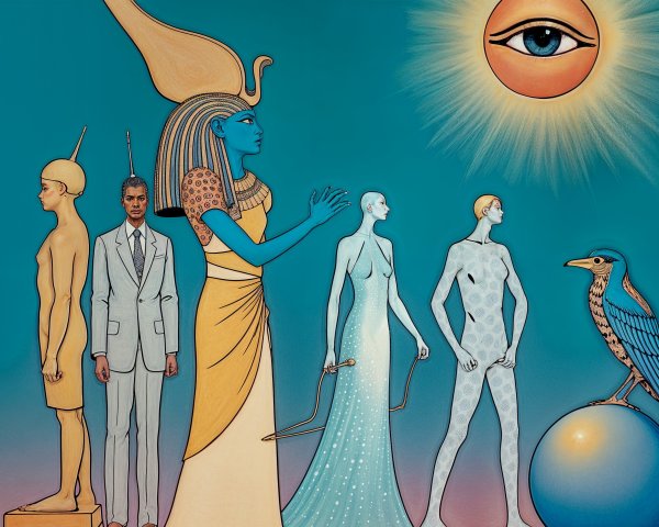 Surreal Scene with Blue-Skinned Figure in Egyptian Attire