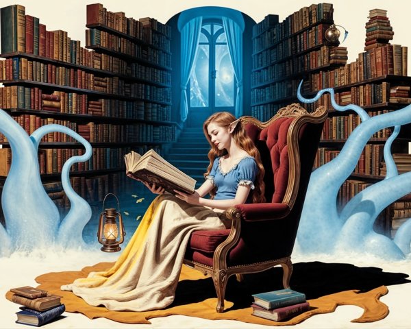 Whimsical Library Scene with Young Woman Reading