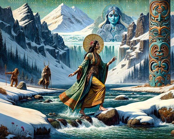 Mystical Landscape with Snowy Mountains and Waterfall