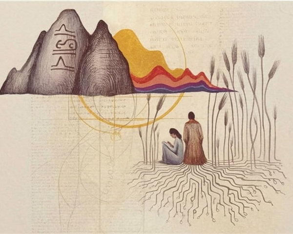 Serene Landscape with Mountains and Colorful Lines