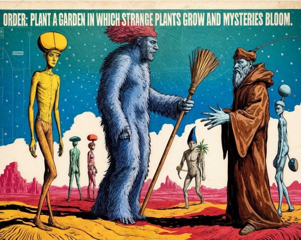 Surreal Landscape with Colorful Plants and Characters