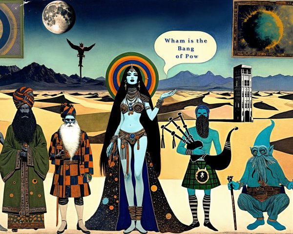 Surreal Desert Scene with Diverse Characters and Symbols
