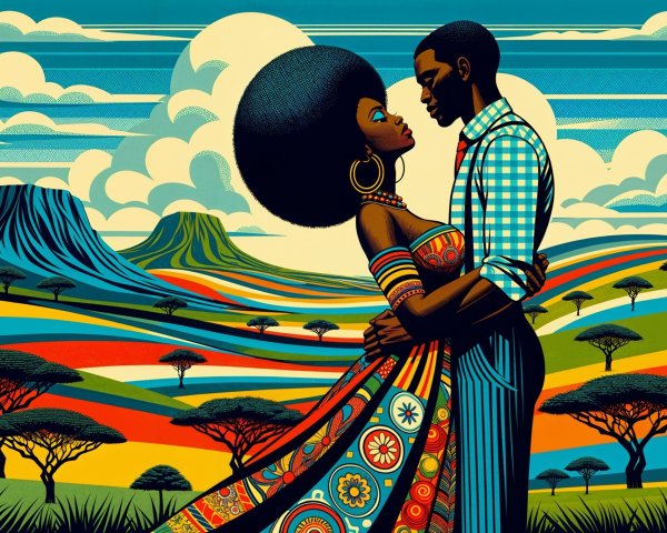 Couple Embracing in Vibrant Stylized Landscape