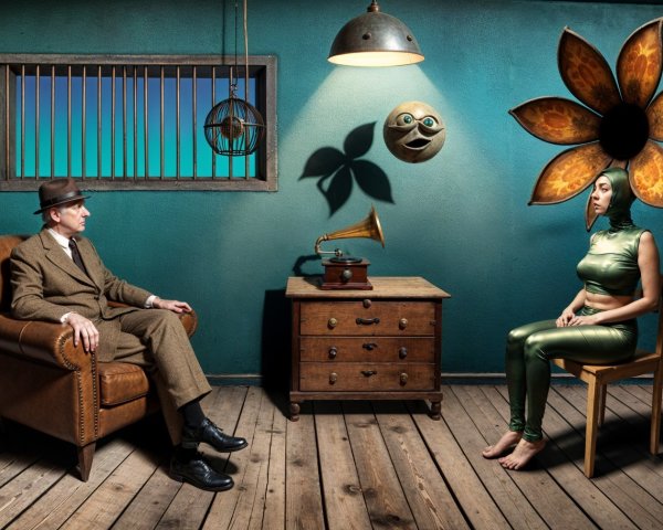 Surreal Room with Teal Walls and Unique Characters