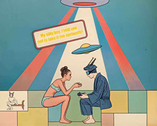 Whimsical Retro Scene with UFO and Playful Conversation