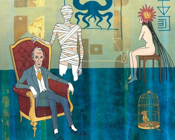 Surreal Scene with Man, Mummy, and Flower-Headed Woman