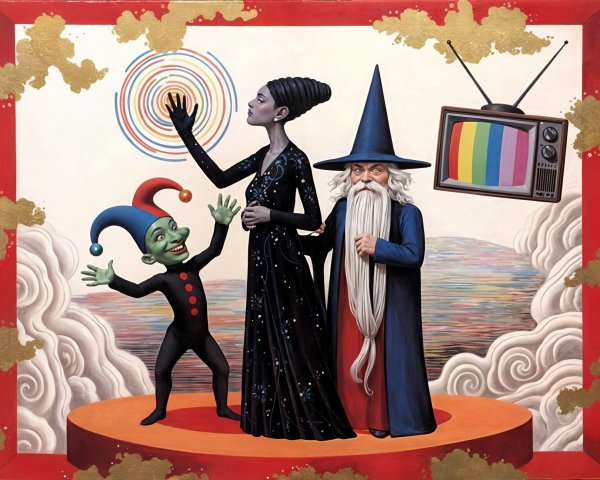 Whimsical Scene with Characters in Dreamy Landscape