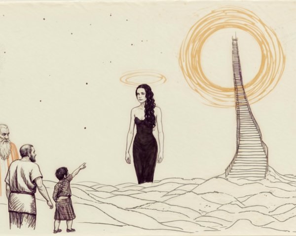 Surreal Landscape with Figures and Towering Structure