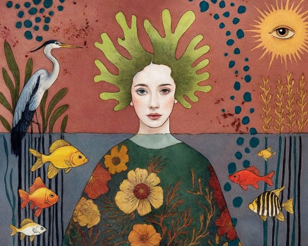 Serene Woman with Leaf Hair and Aquatic Elements
