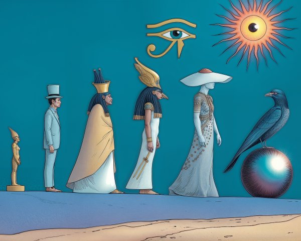 Egyptian Motifs in a Stylized Procession Illustration