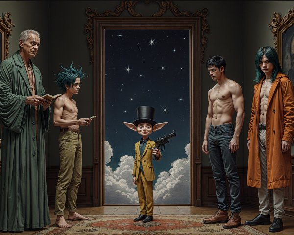 Surreal Scene with Unique Characters in Grand Room