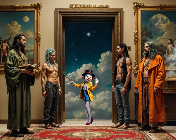 Surreal Scene with Muscular Men and Whimsical Clown
