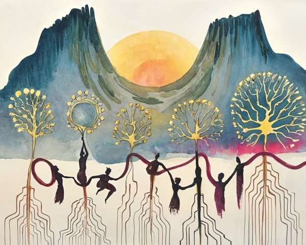 Vibrant Artwork with Stylized Figures and Surreal Trees