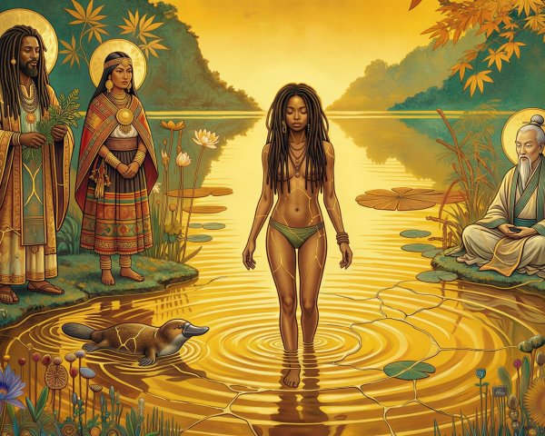 Surreal Painting of Diverse Figures in Gold Landscape