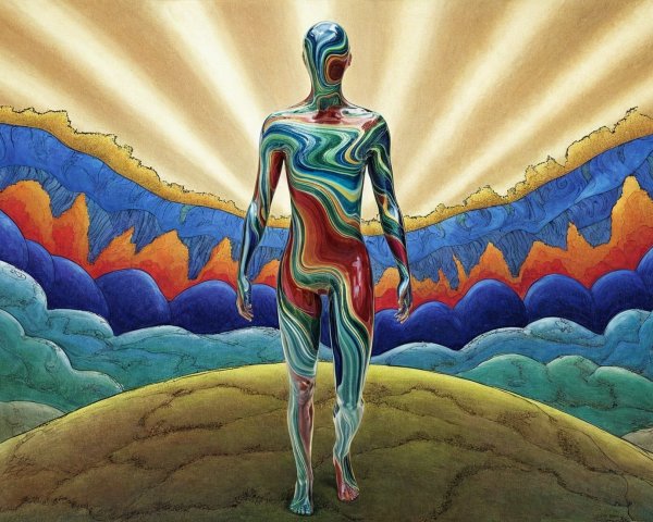 Abstract Figure on Colorful Hill with Dramatic Mountains