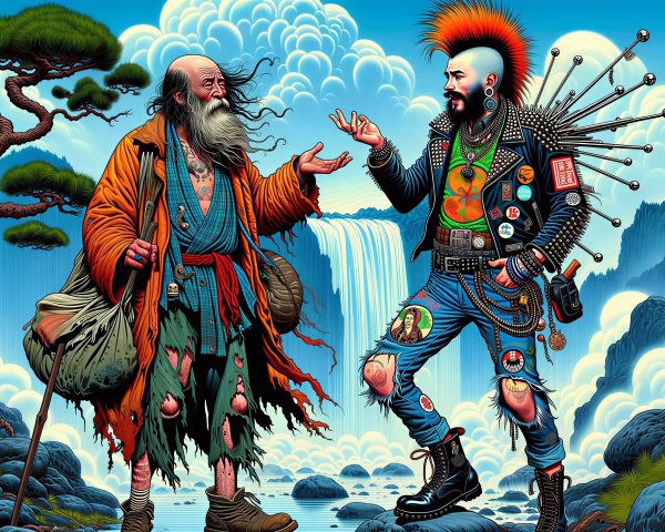 Whimsical Pop Art Illustration of Old Man and Punk Rocker